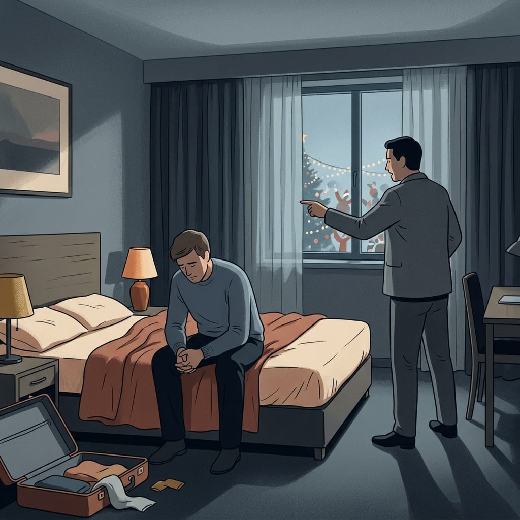 A dim hotel room at dusk, one partner sitting worn down while the other stands over them dictating