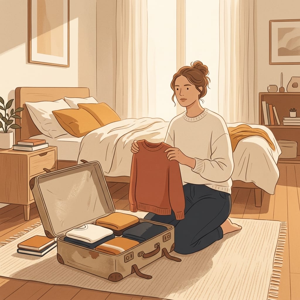 A woman unpacking her suitcase at home in warm light, pausing with a calm, clear expression