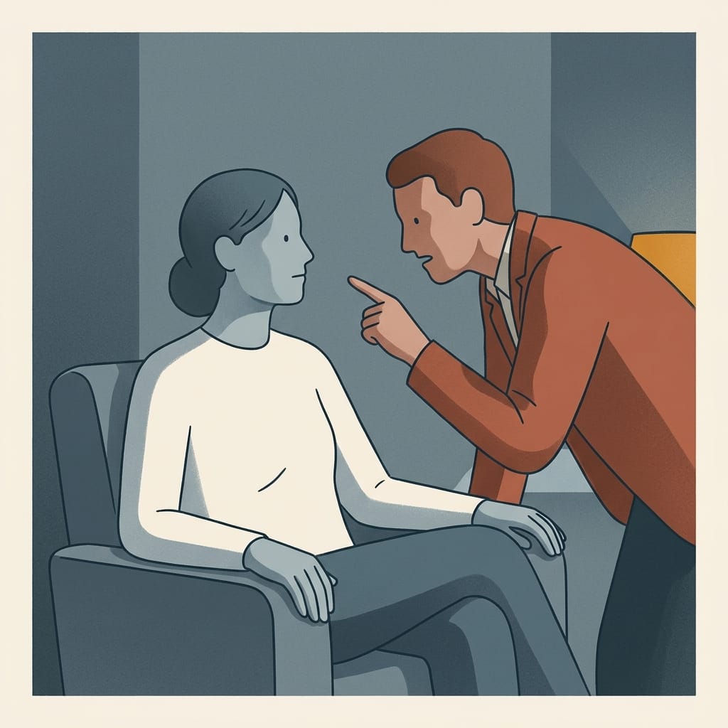 A composed figure stands steady while another leans in trying to provoke a reaction, in cool light