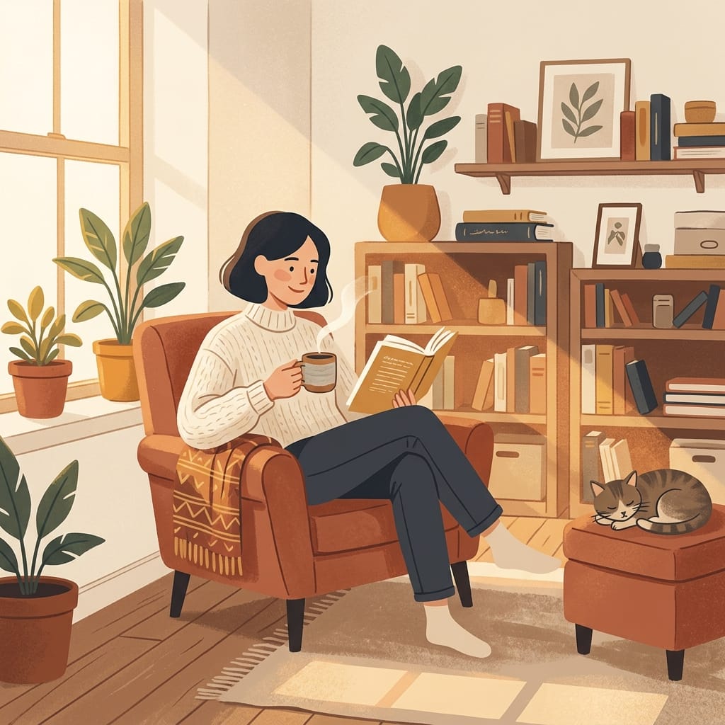 A woman at ease and self-sufficient in her own warmly lit home, calm and content alone
