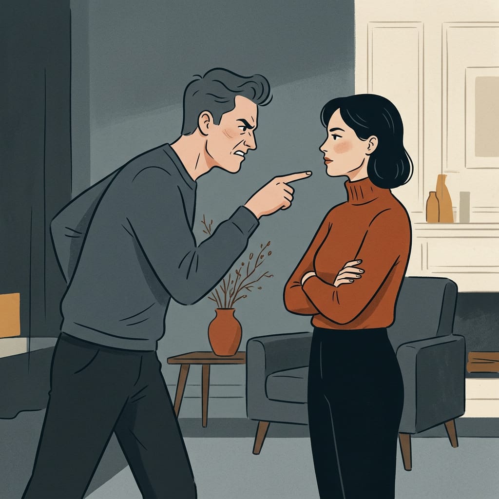 A man belittling a woman who stands quietly firm