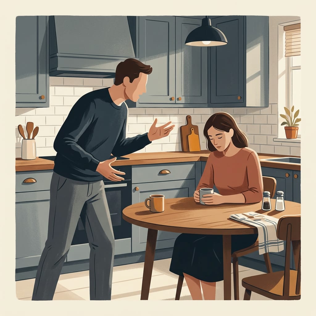 A woman quietly observing a man mid argument