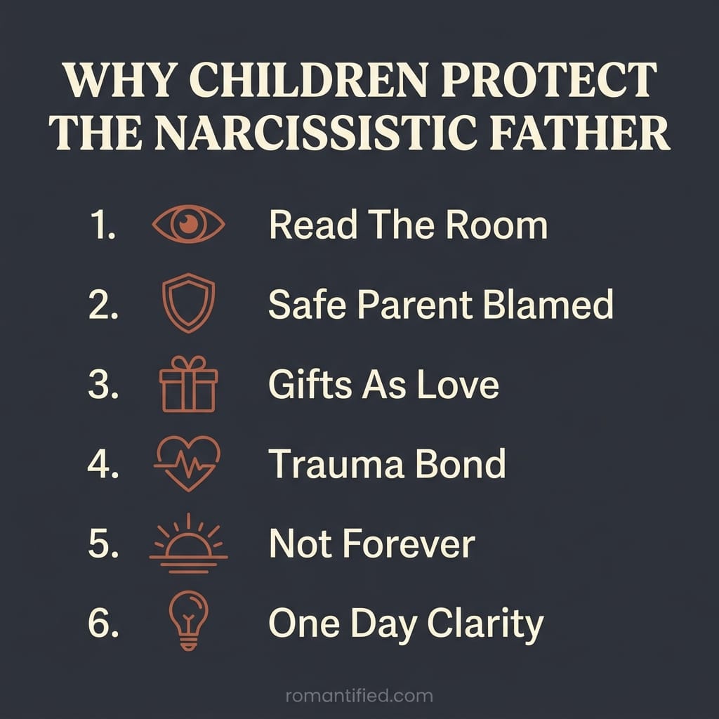 Overview infographic of why children protect the narcissistic father