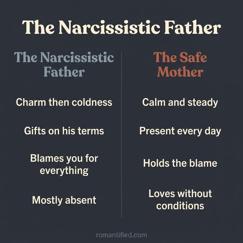 Detail infographic comparing the narcissistic father and the safe mother