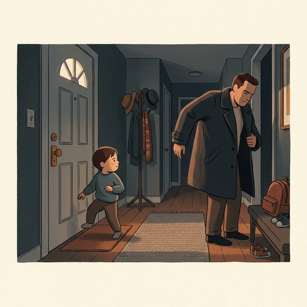 Inline scene of a child tensely reading the father’s mood at the door