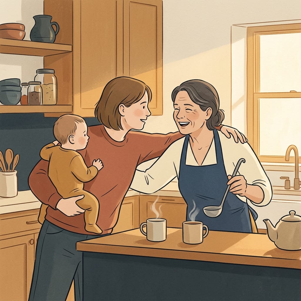 Inline scene of a grown child visiting their mother warmly years later
