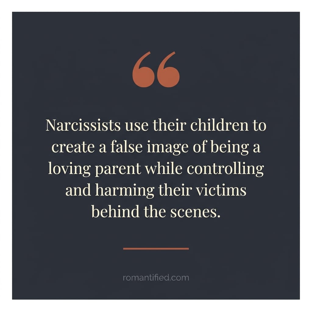 Narcissists use their children to create a false image of being a loving parent while controlling and harming their victims behind the scenes.