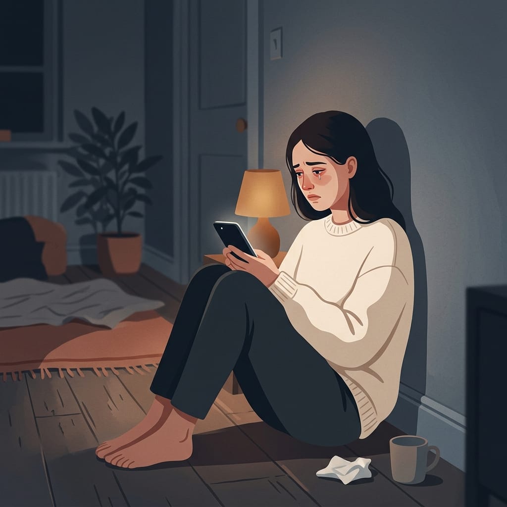 A woman relaxed on a sofa reading a book with her phone face down and forgotten