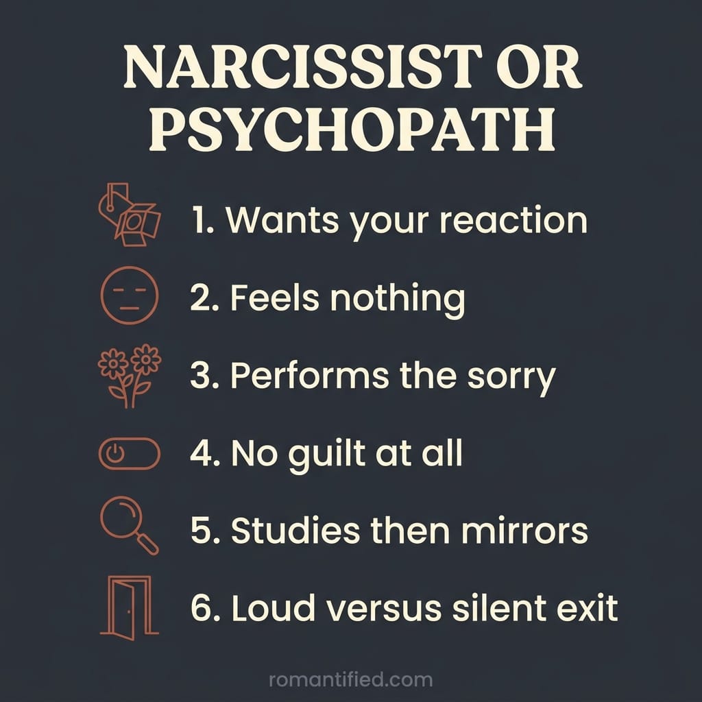Overview infographic comparing how a narcissist and a psychopath differ