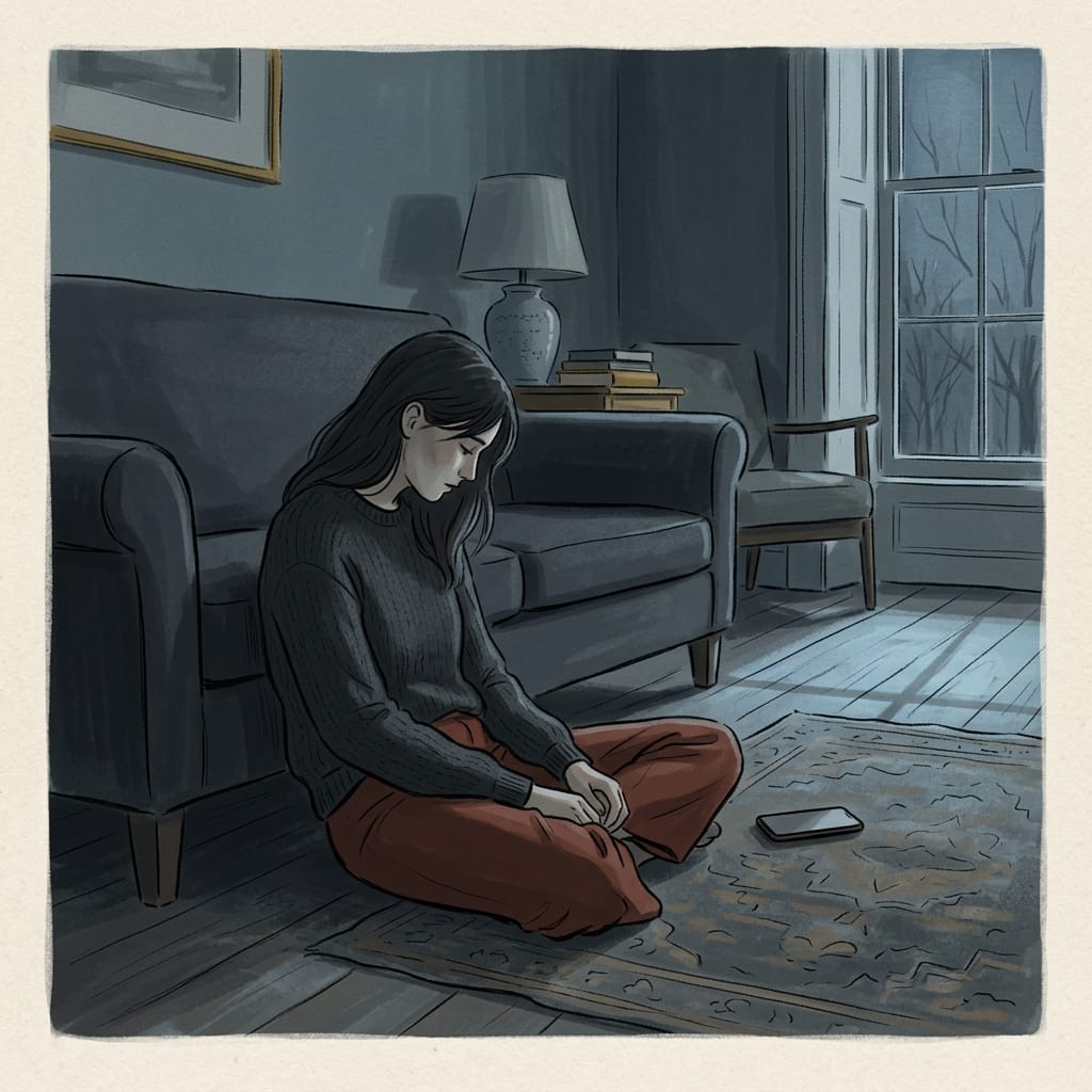 A person sitting alone in cold light, worn down from trying to reach someone who feels nothing