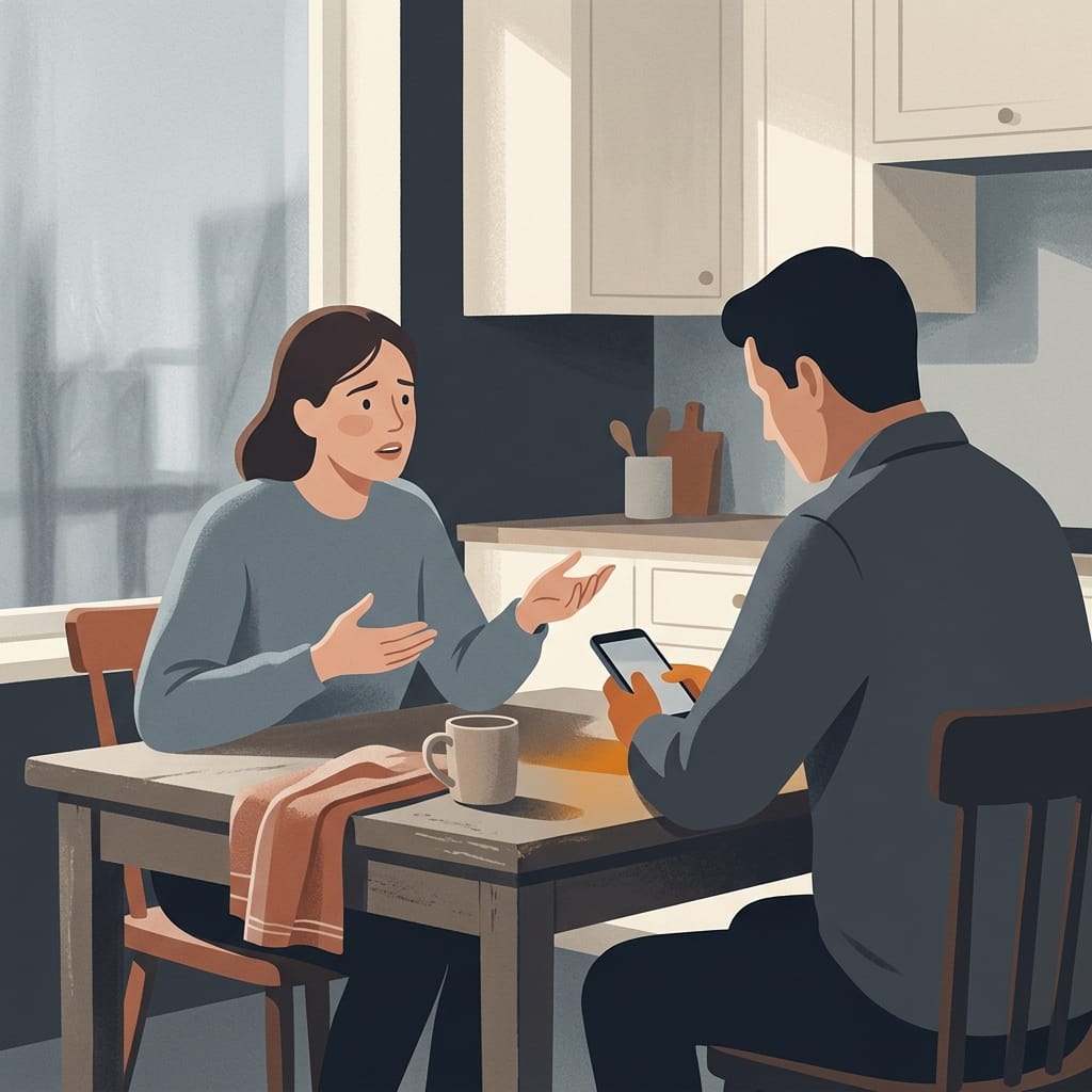 A woman speaking while the narcissist stares blankly at his phone