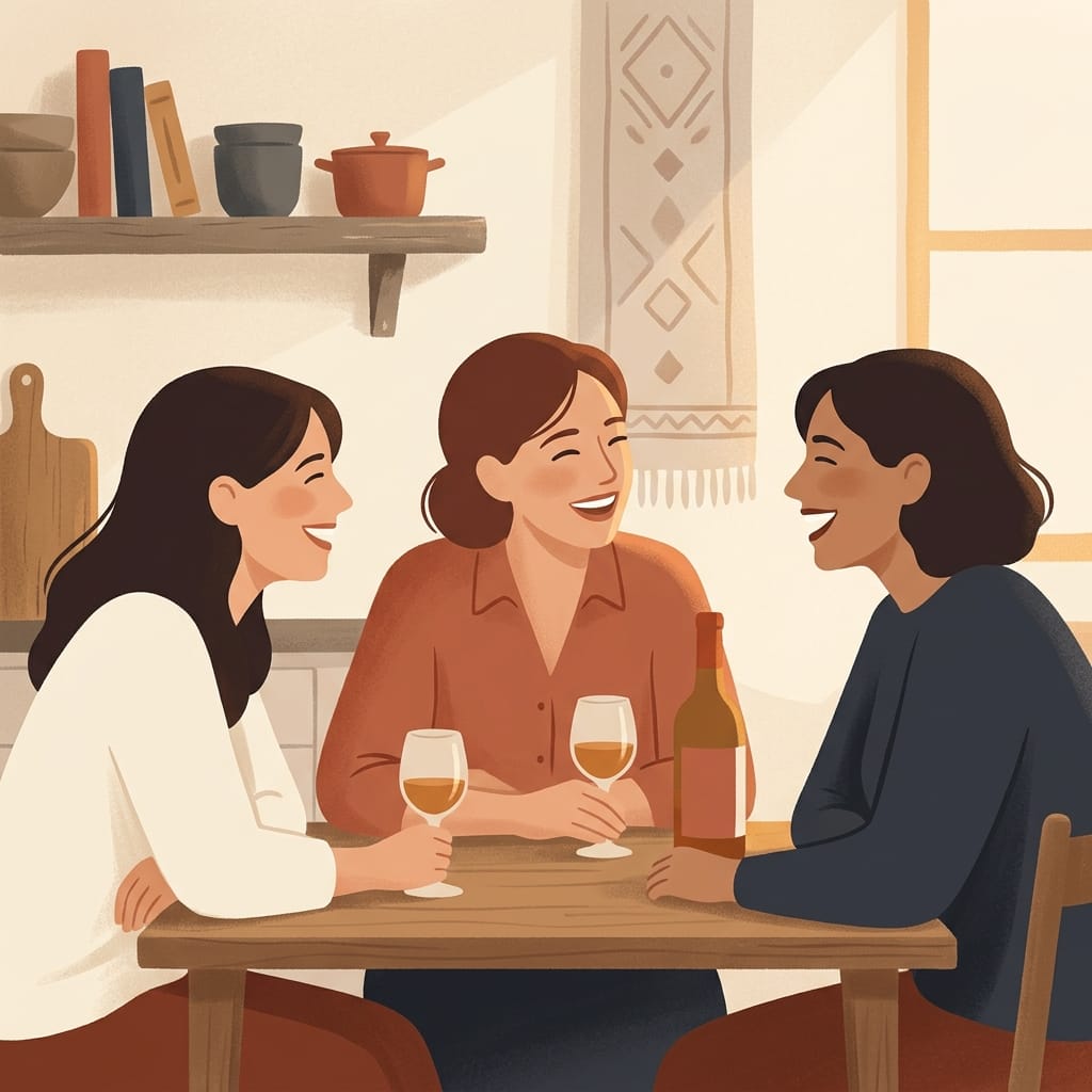 A woman laughs with old friends around her kitchen table, reconnected and at ease