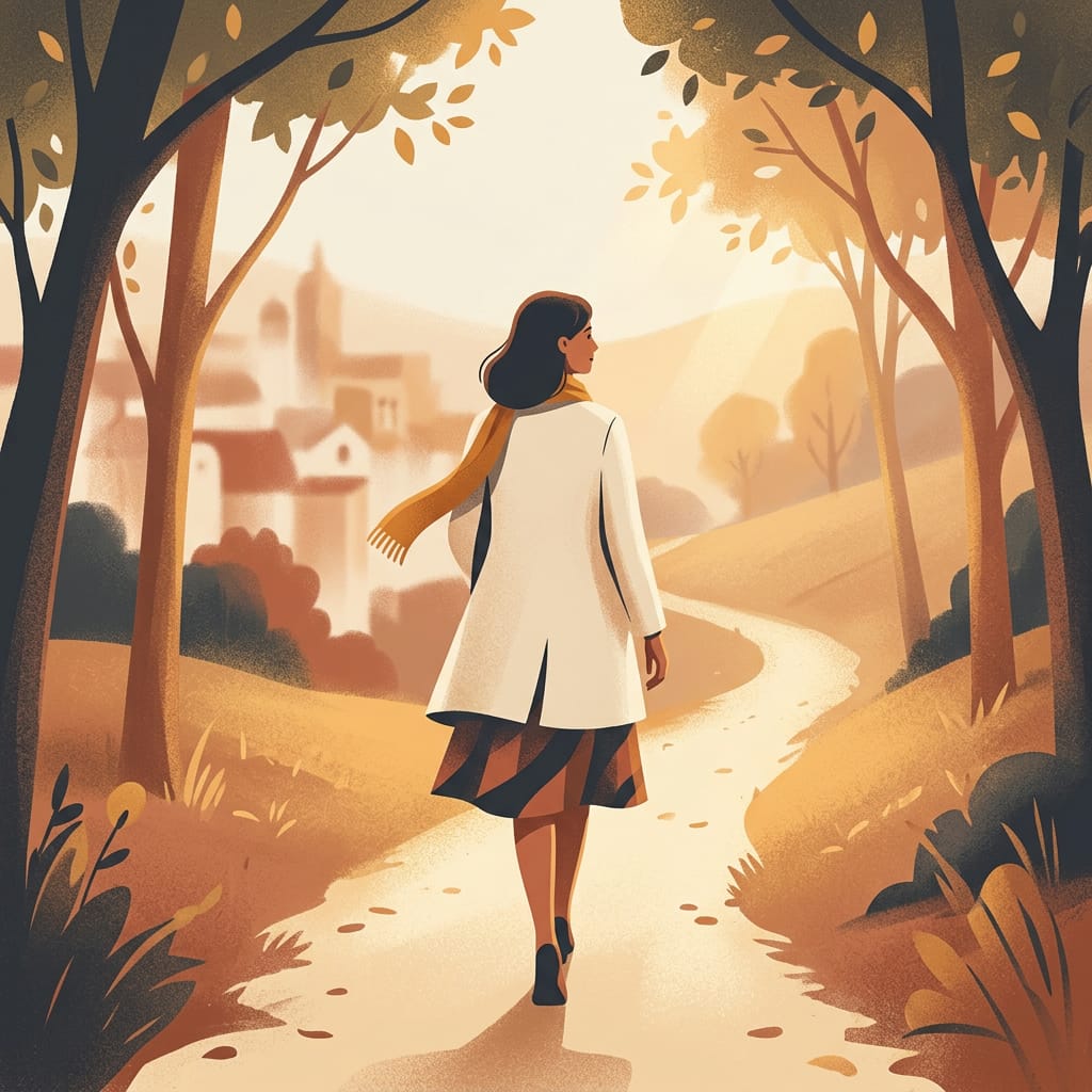 A woman calmly walking away into warm light