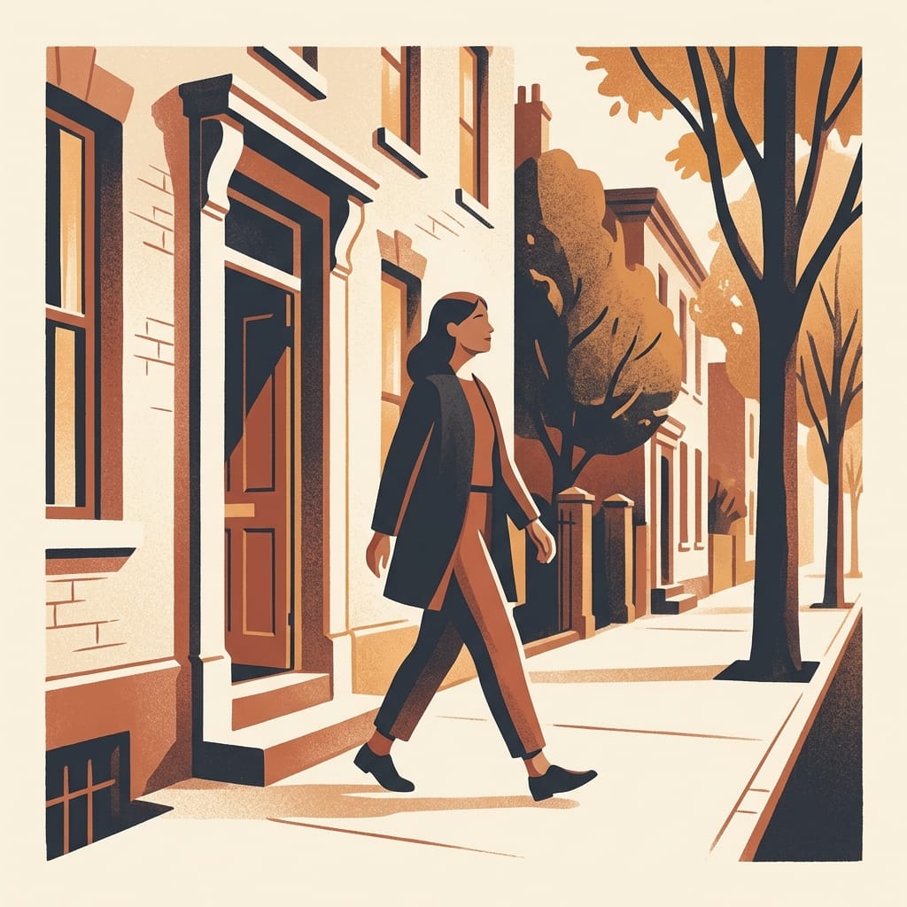 A woman stepping into warm morning light on a quiet street