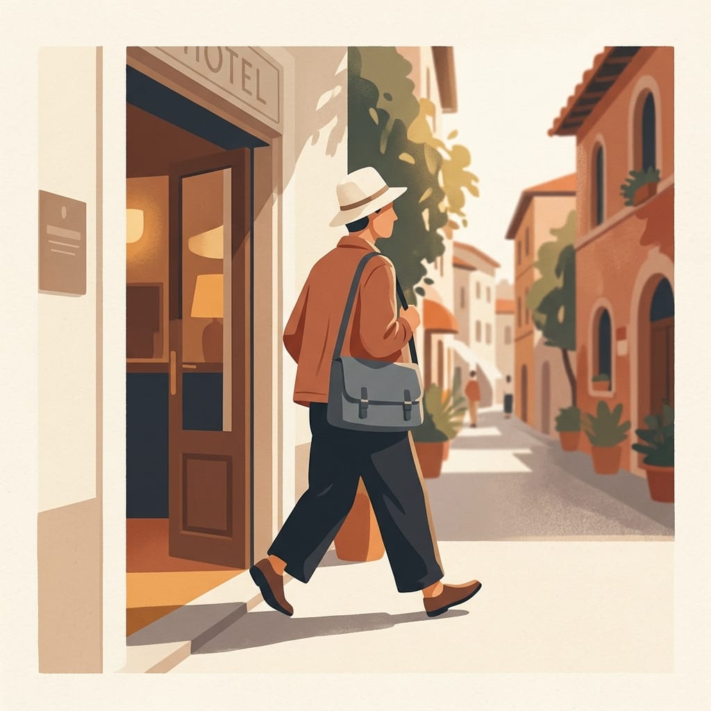 A person stepping out of a hotel into bright sunlight, walking their own way at last