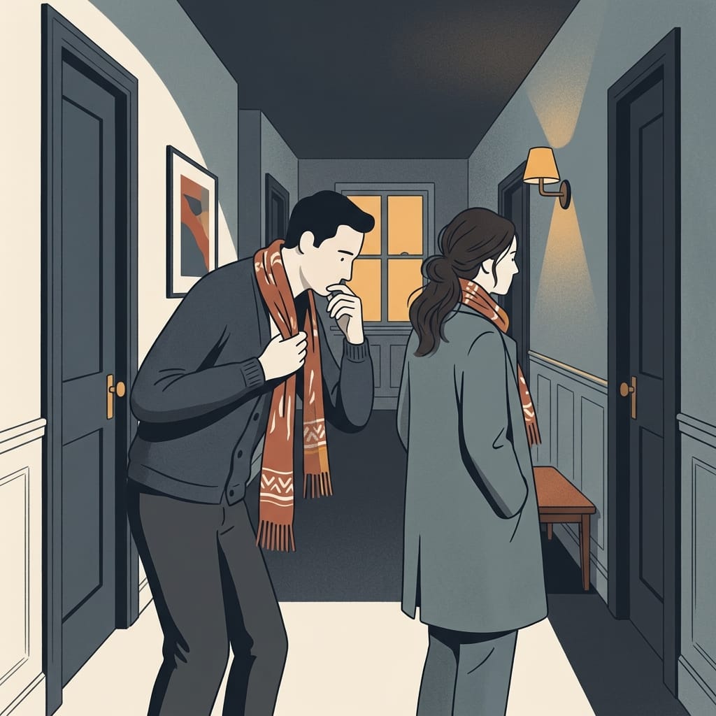 A man quietly mimicking a woman’s posture as she looks away