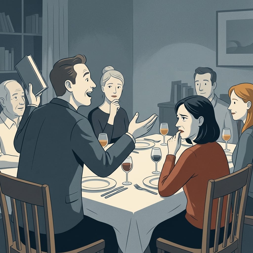 A man boasting at a dinner table while a woman recognizes it is hers