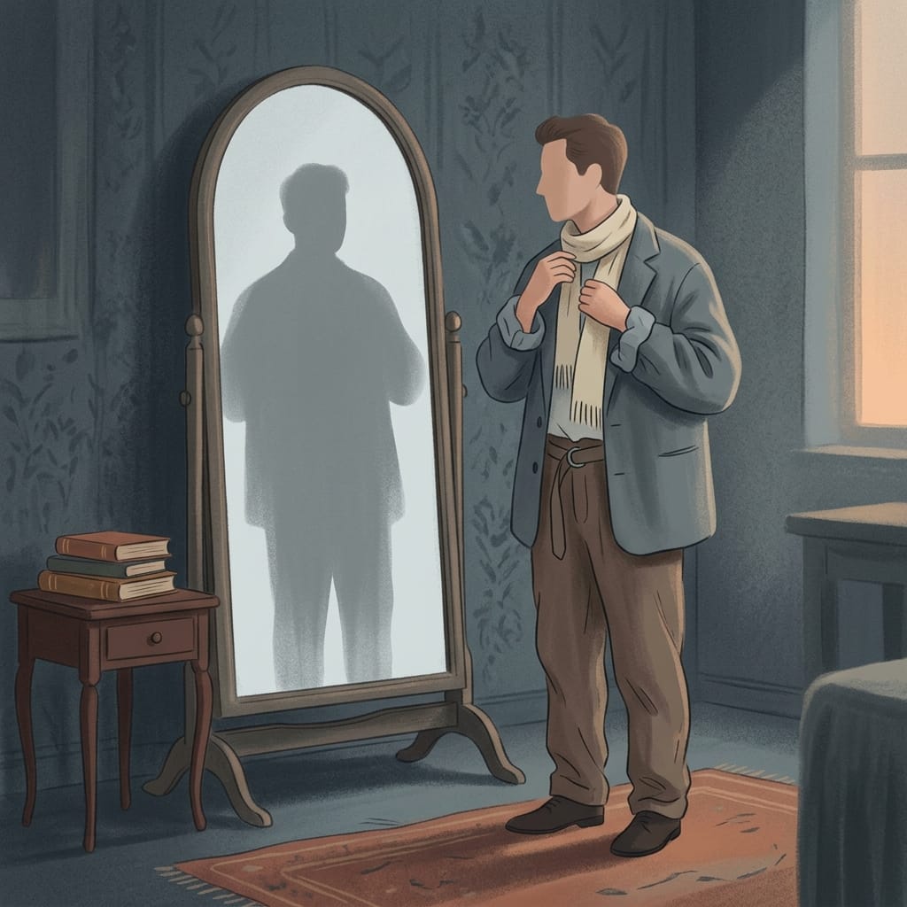 A man adjusting a borrowed look in a mirror to an empty reflection