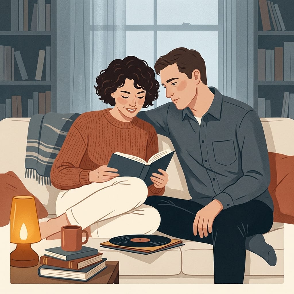 A woman bonding warmly while the man quietly studies her