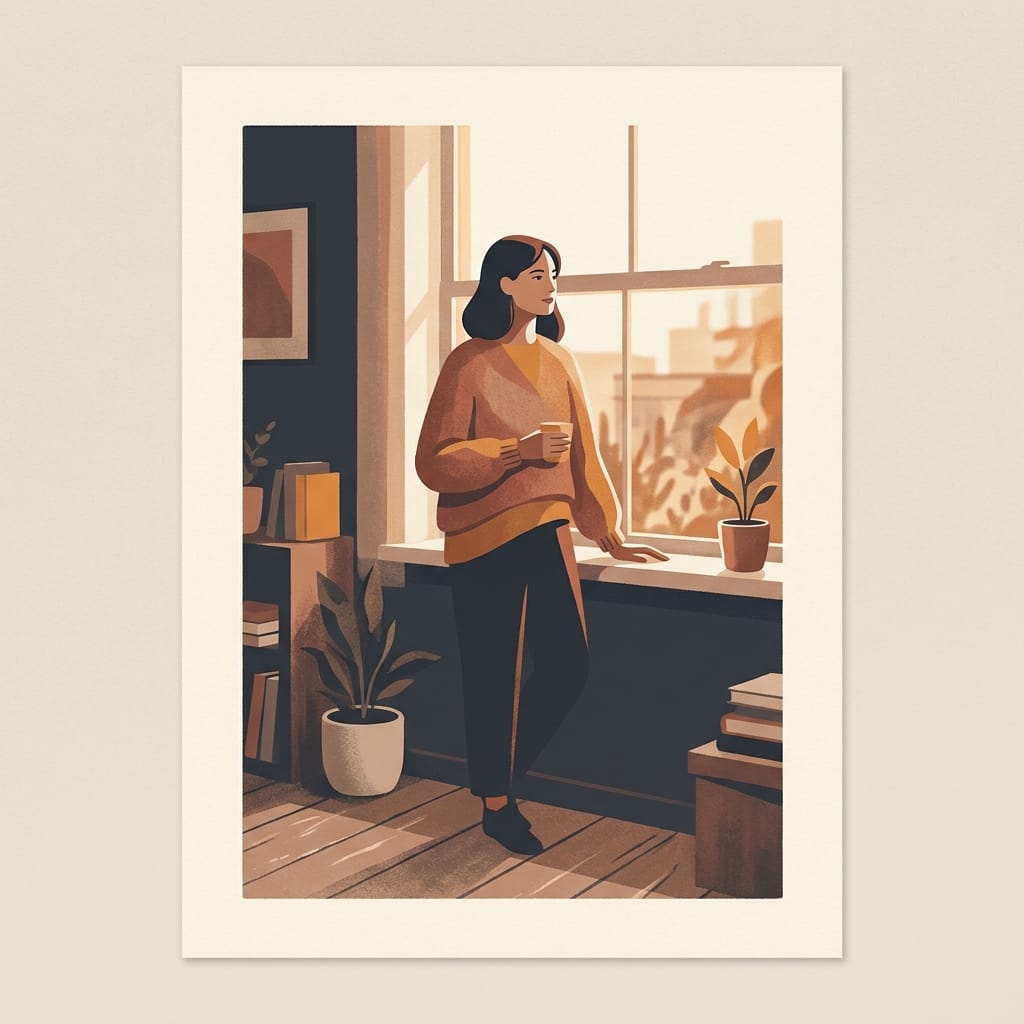 A woman standing clear eyed and composed in warm light