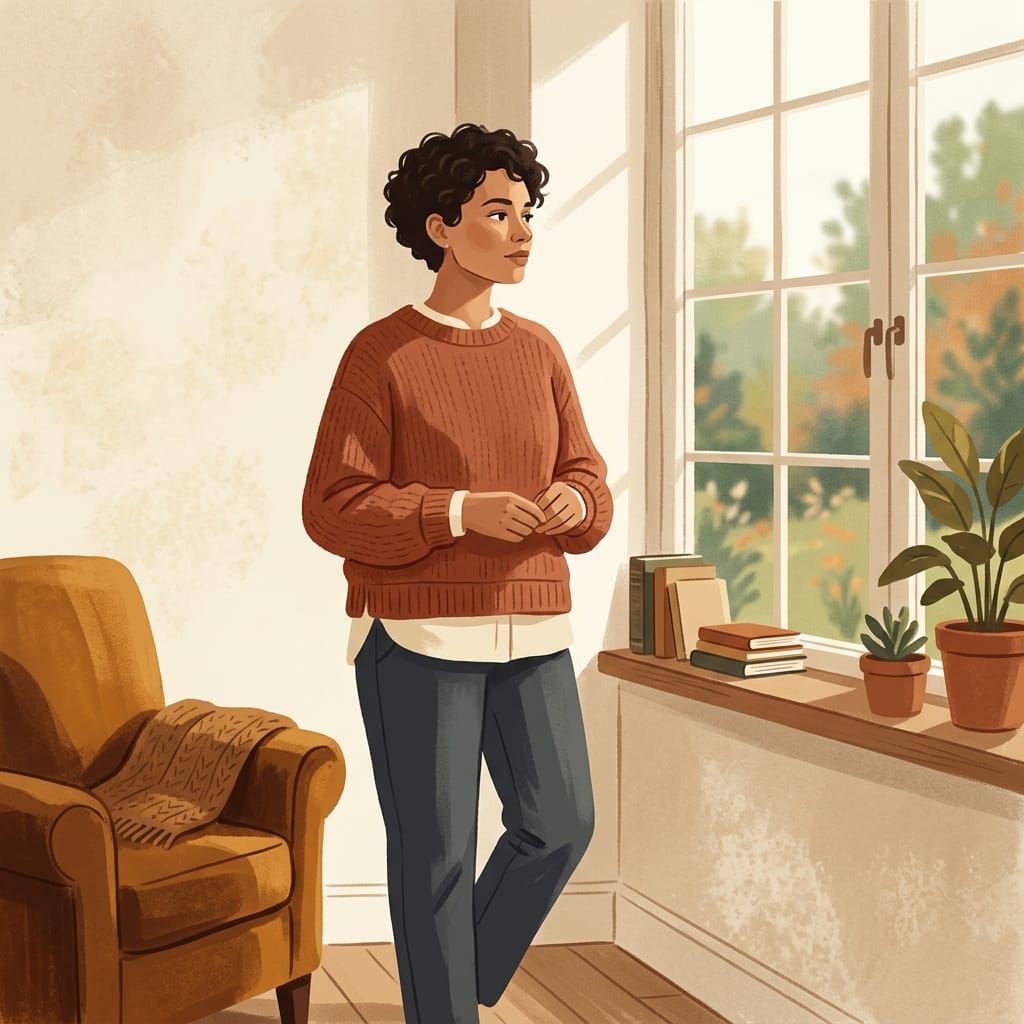 A woman standing calm and self-possessed as understanding dawns