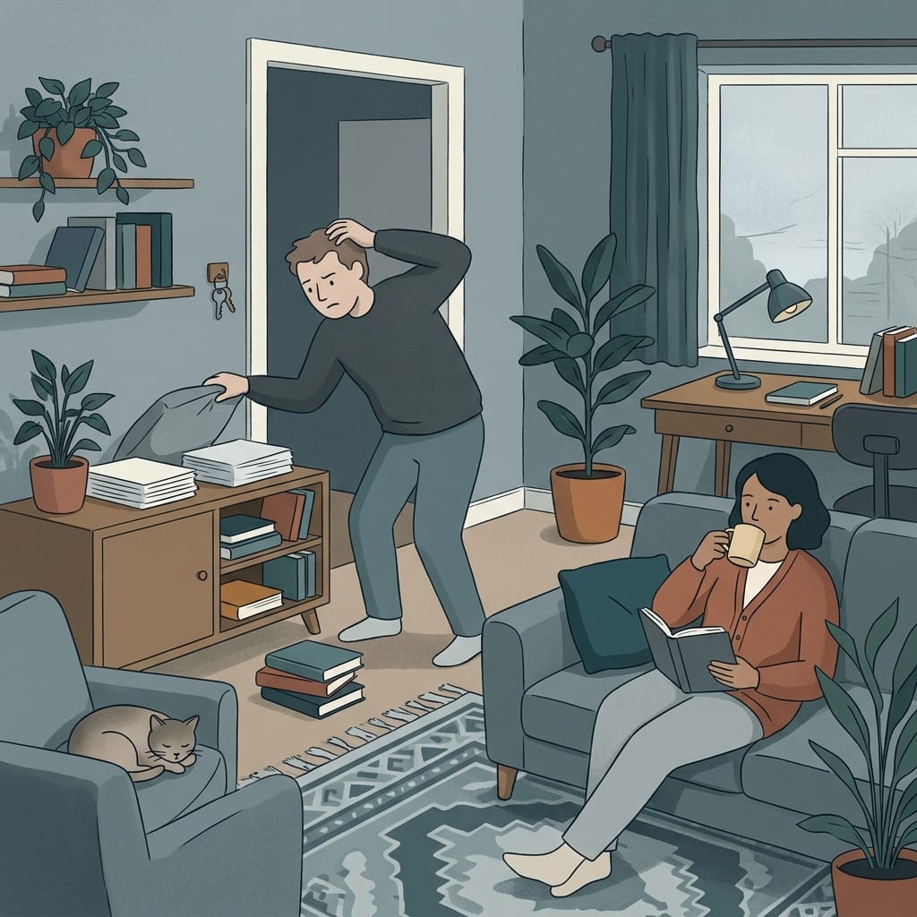 A person searching the living room for a misplaced book and keys