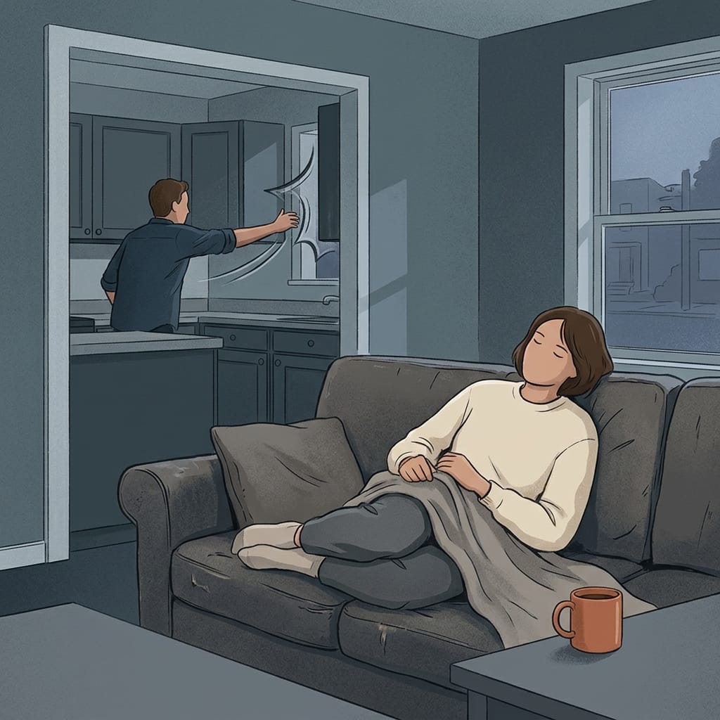 A person settling onto the couch as a partner slams a cabinet
