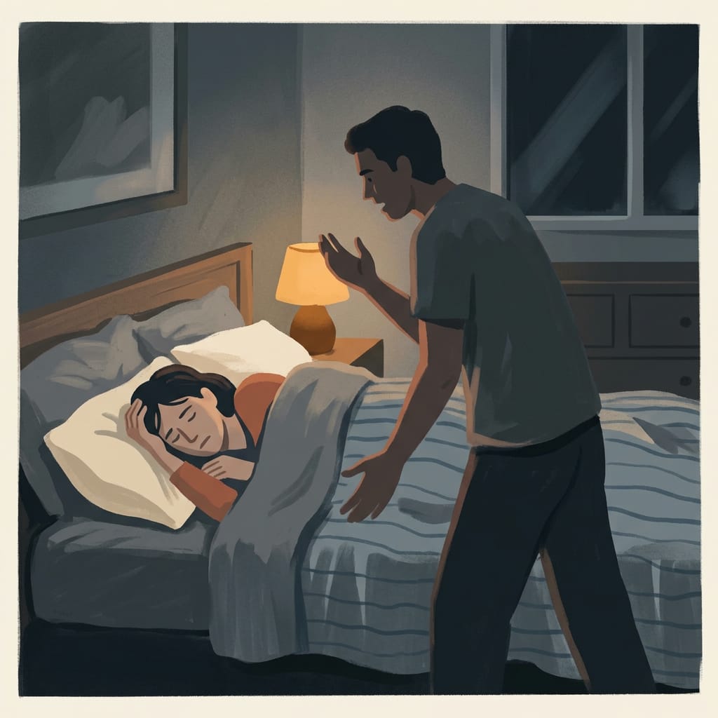 A dark bedroom where a partner starts an argument right before sleep