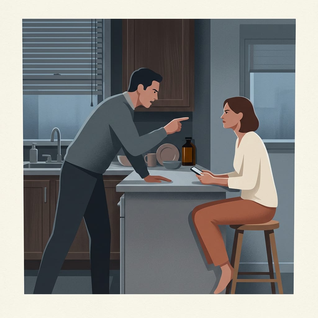 A woman bracing as a partner leans in with threats