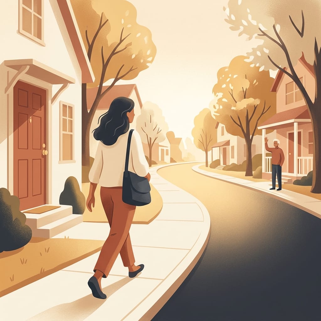 A woman walking out a door into morning light