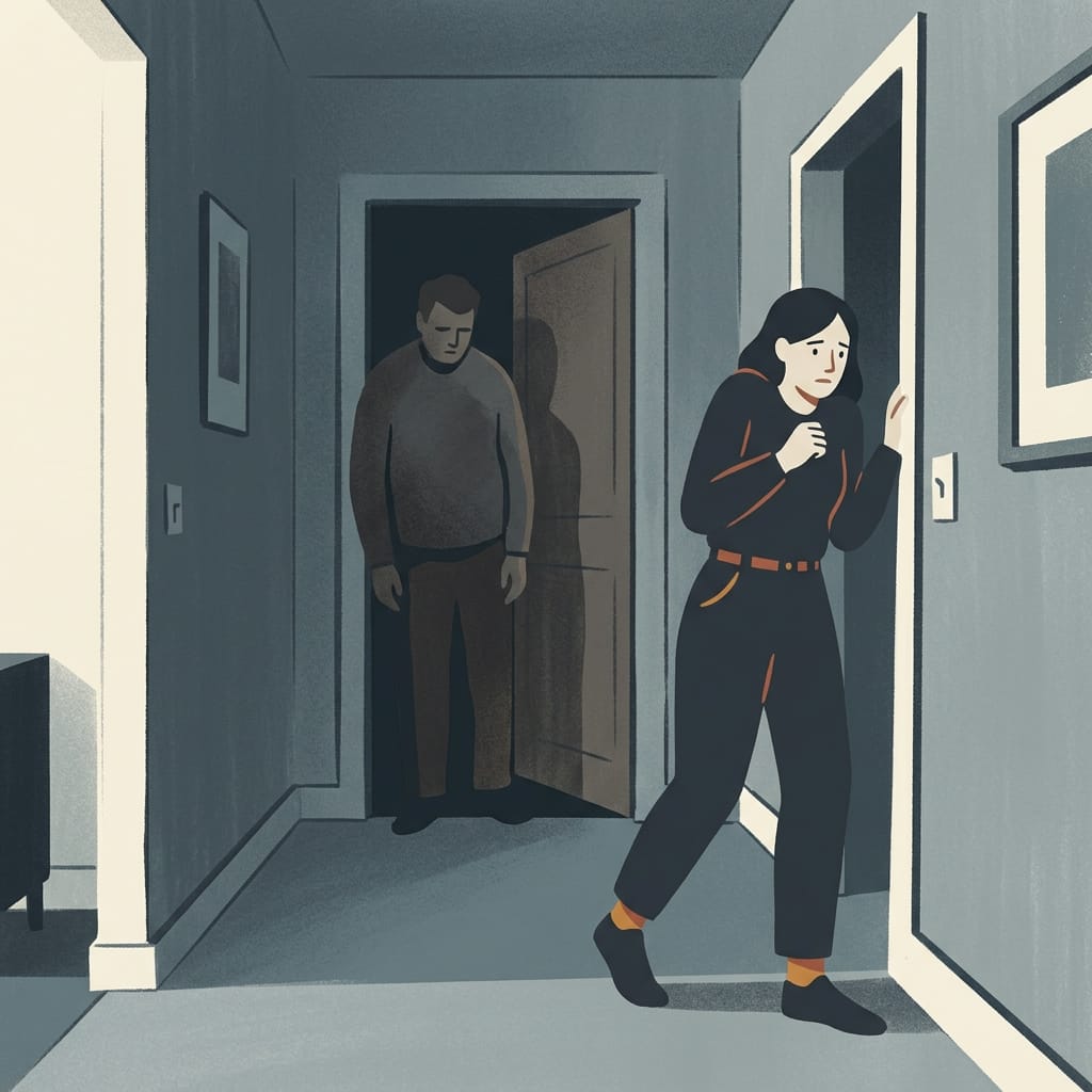 A woman tense and braced as a man looms nearby