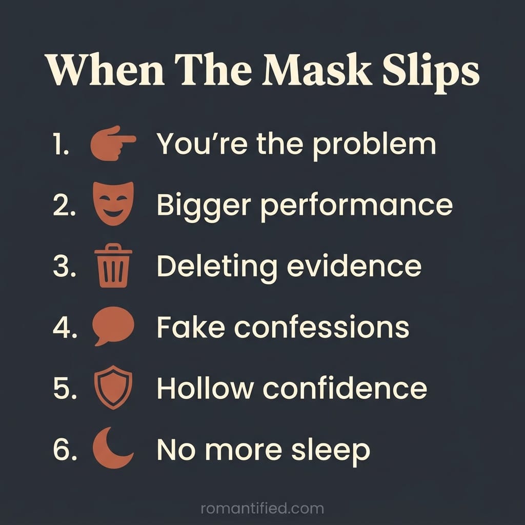 Overview infographic listing the signs a narcissist panics once you see through their lies