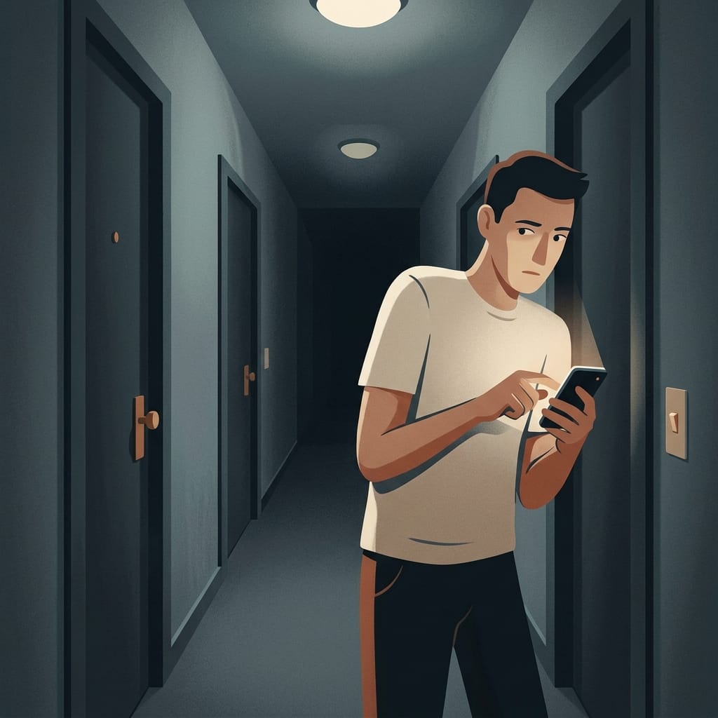 A narcissist secretly deleting messages on his phone in a dim hallway, glancing over his shoulder