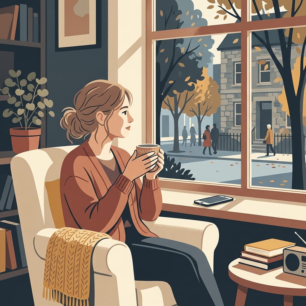 A woman sitting calmly by a warm window with tea, her phone face down, no longer buying the performance
