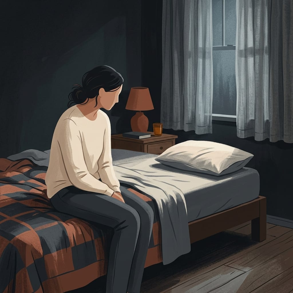 A woman alone at the edge of the bed at night looking at the empty space beside her