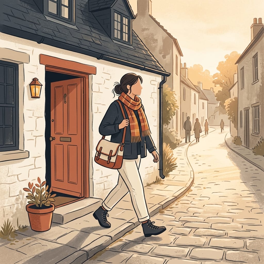 A woman stepping out of her front door into warm morning light, walking forward