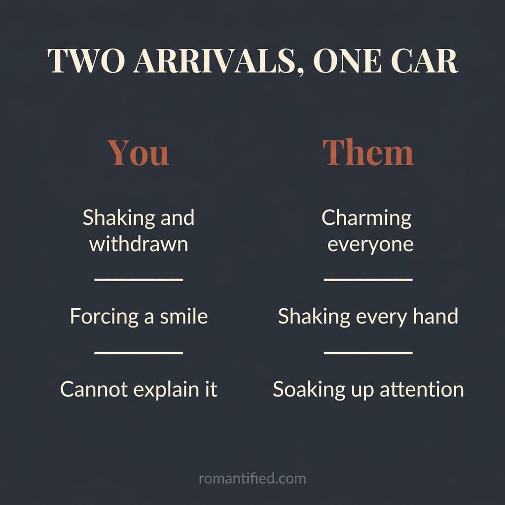 Two contrasting arrivals, one partner walking in bright and adored while the other trails behind shaken
