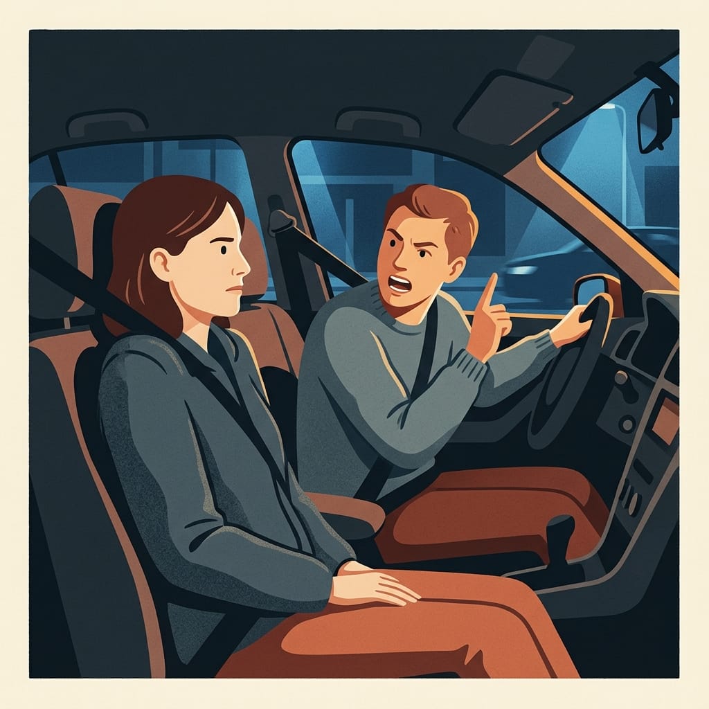 A woman sitting rigid in the passenger seat under cold light while the driver berates her