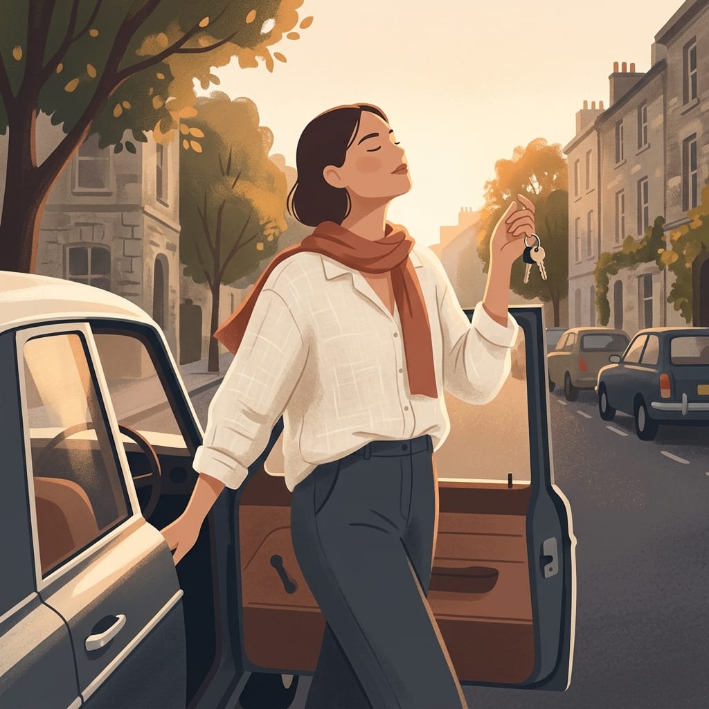 A woman calmly stepping out of a car into warm light, choosing herself and no longer bracing