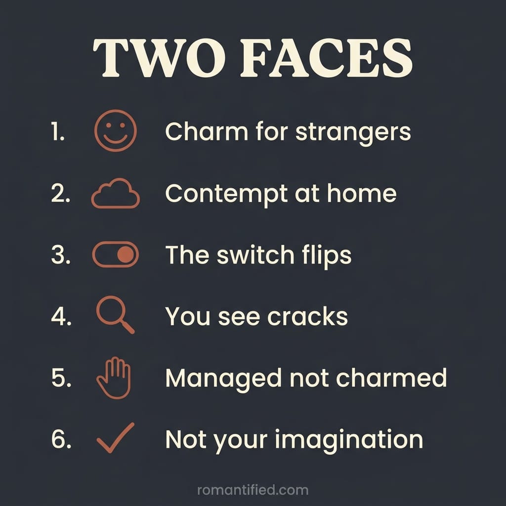 Overview infographic on the narcissist's two faces, public charm and private contempt