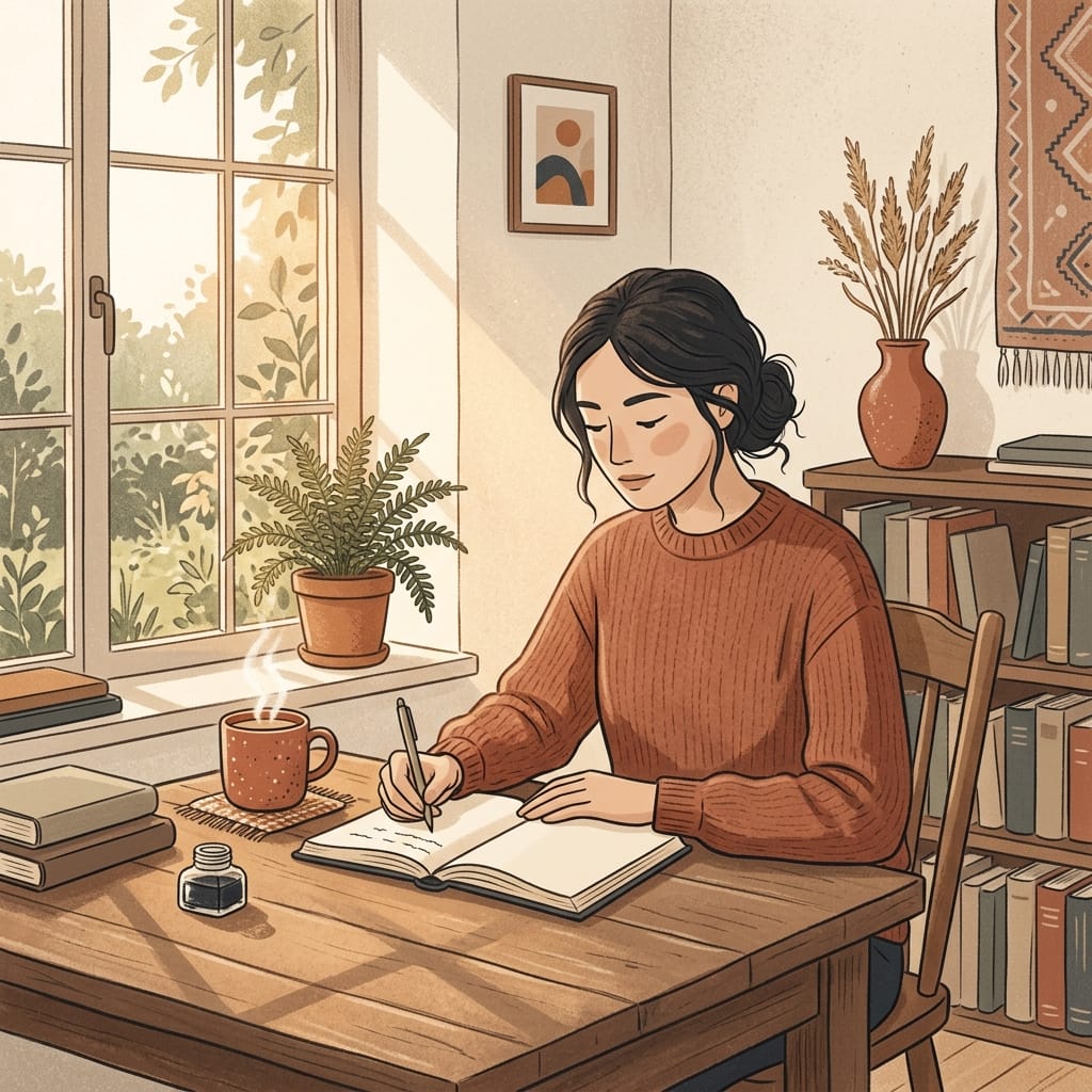 A woman standing calm and clear by a sunlit window, understanding it was never her fault