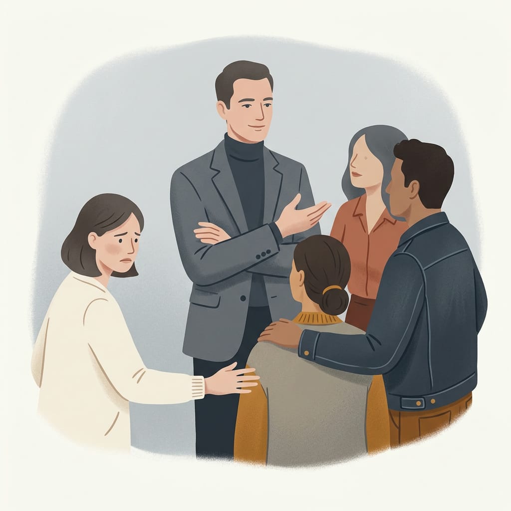 A narcissist charming a circle of friends while the partner stands apart