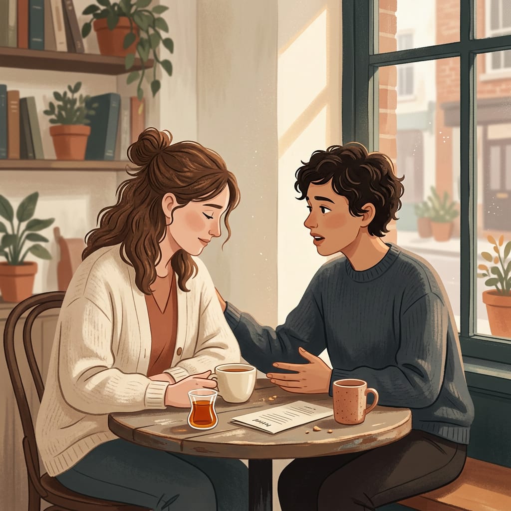 Two people talking warmly and comparing their experiences
