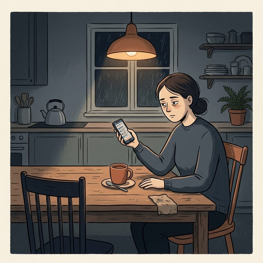 Cool-toned illustration of a woman anxiously waiting alone at home while her partner is out