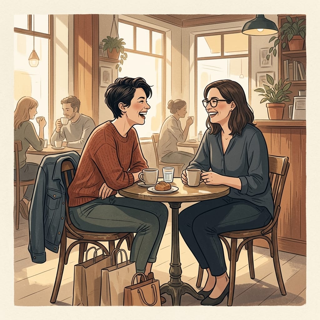 Warm illustration of a woman reconnecting with a close friend and reclaiming her world