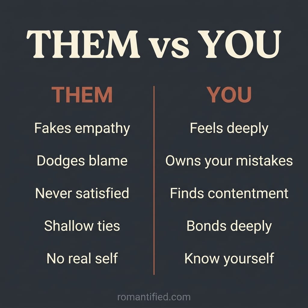 Two column infographic contrasting what the narcissist lacks with what you carry