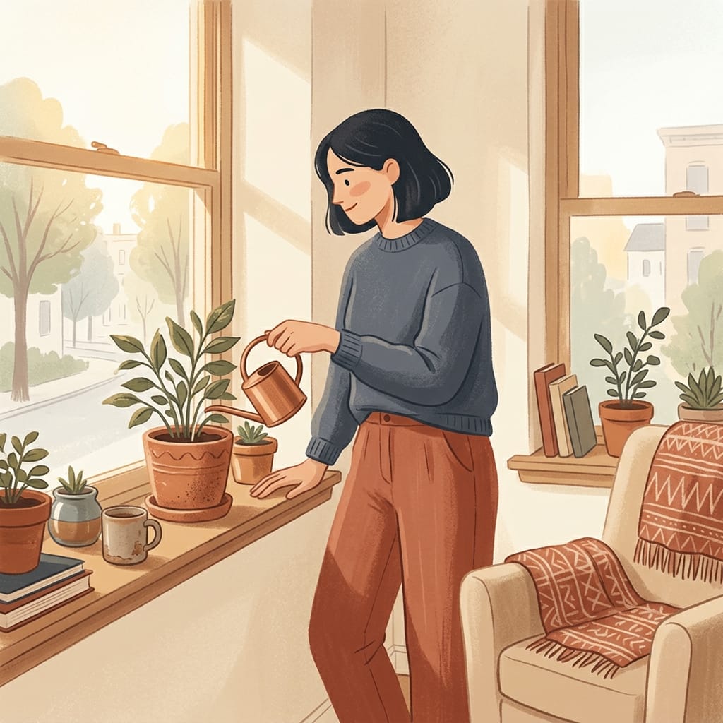 A woman alone and content in a sunlit room, fully at home in her own company