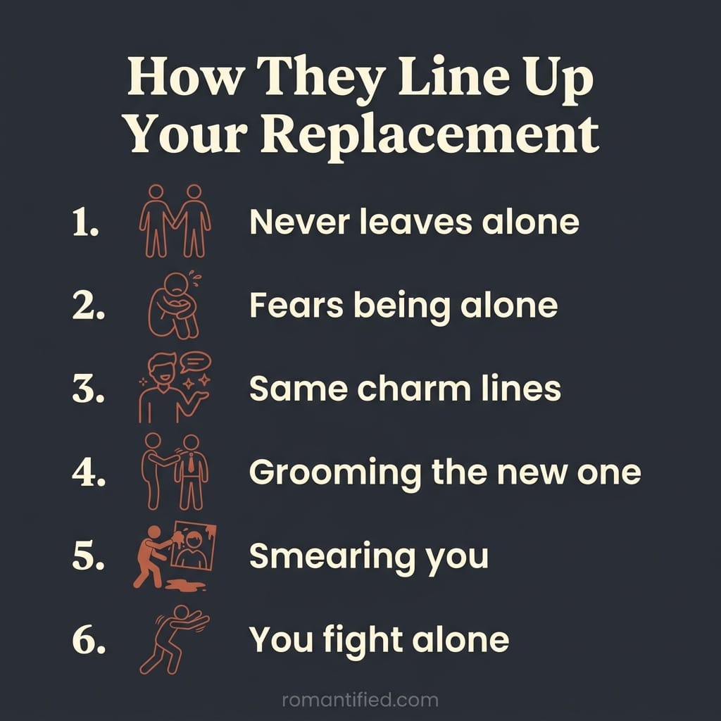 Overview infographic of how a narcissist lines up your replacement.