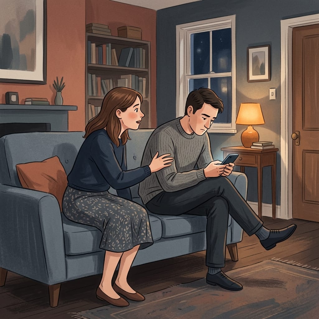 A woman leaning in to connect with a partner on a sofa while he gazes past her at his phone.