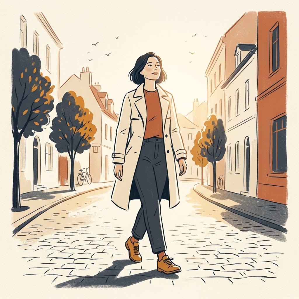 The same woman walking forward along a bright street on her own, head high and steady.